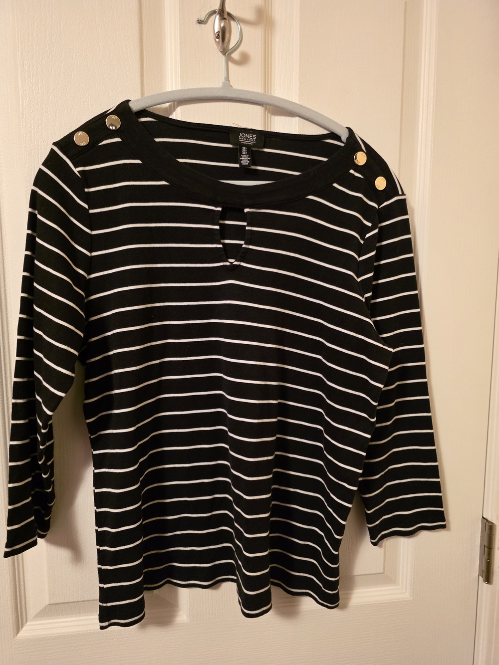 Jones New York Black & White Striped Long-Sleeve Top with Gold Buttons